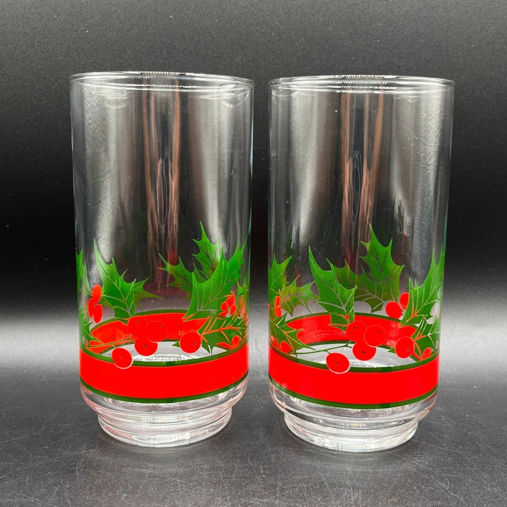 Vtg Libbey Christmas Holly Berries Highball Glasses Ice Tea Set of 2 14 oz